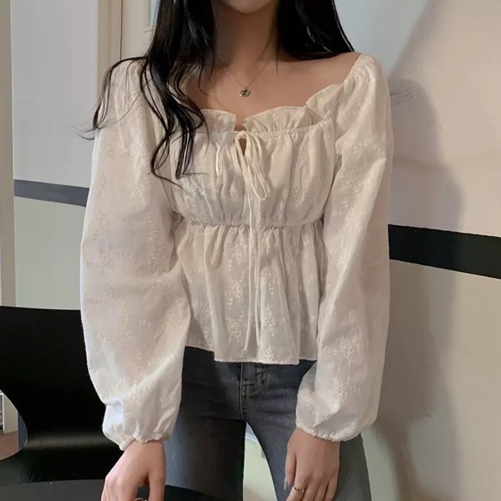 Floral embroidery cropped blouse top off shoulder shirt tie lantern sleeve